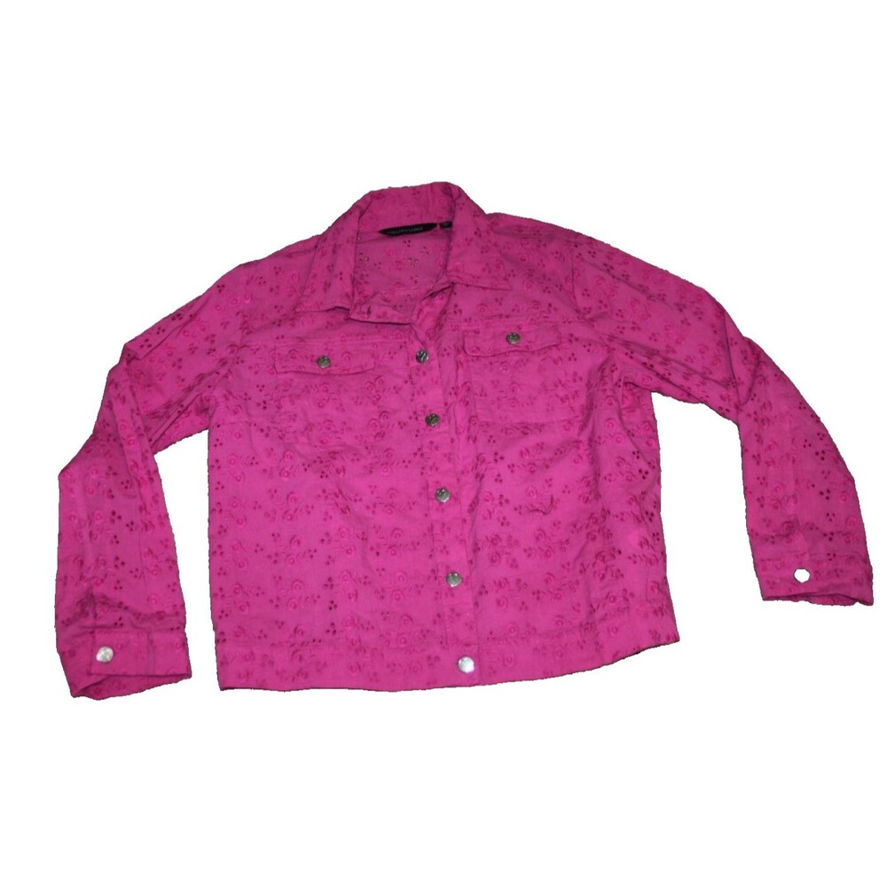 Colleen Lopez Cotton Eyelet Button Up Jacket Pink Fuchsia Women Lightweight Lg - Picture 5 of 10